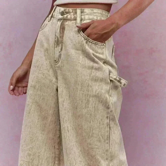 Khaki Casual Women's Washed Folded Hem Straight Leg Jeans - Picture 4 of 4